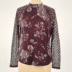 NWT Maurices Large Burgundy Floral Blouse with detailed lace like sleeves pretty
